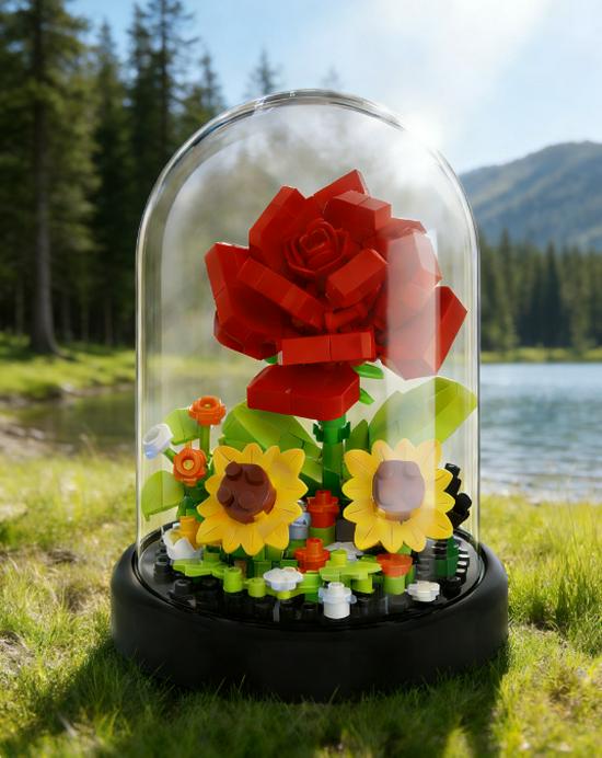 Children's DIY Rose Bouquet Building Blocks Set with Dust Cover - Creative and Educational Toy Ornament