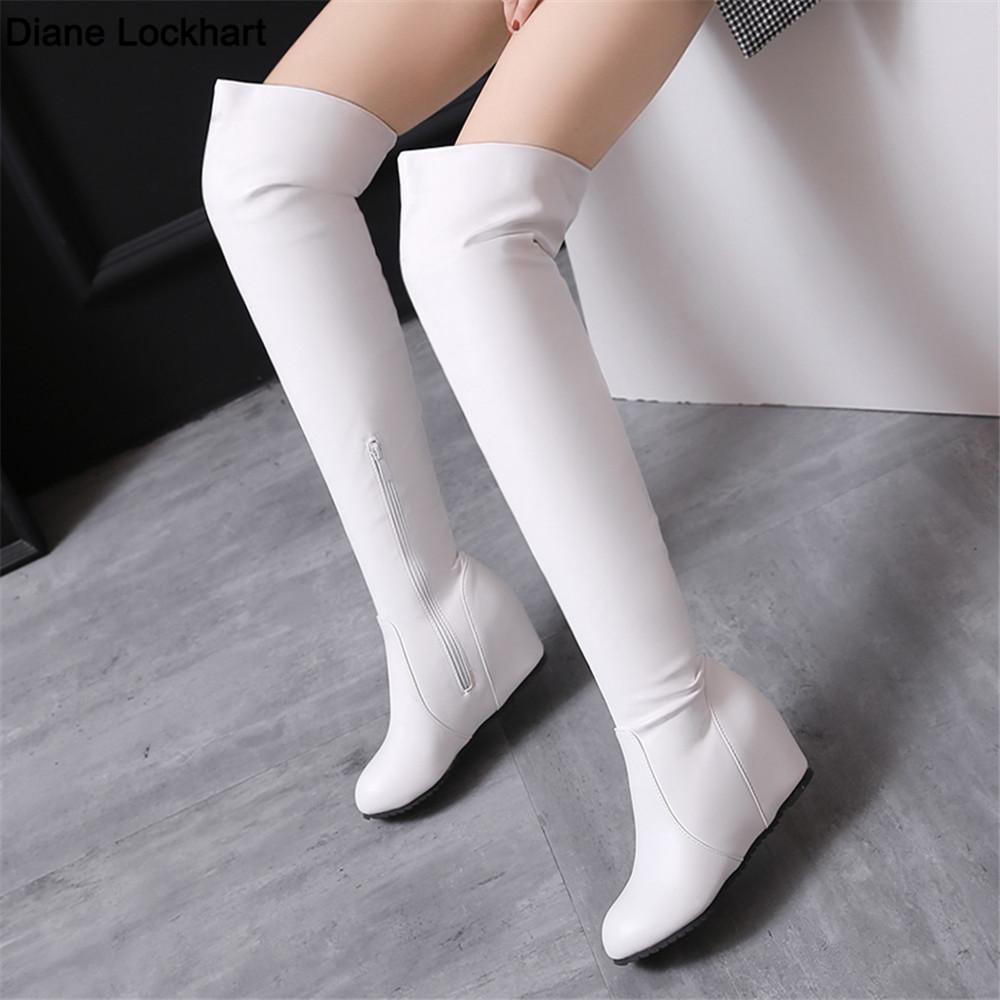 Fashion Sexy Slim Thigh Boots Women Internal Height Wedge Heel Long Boots High Heel Over The Knee Boots Side Zip Ladies Boot Shoes 34-43