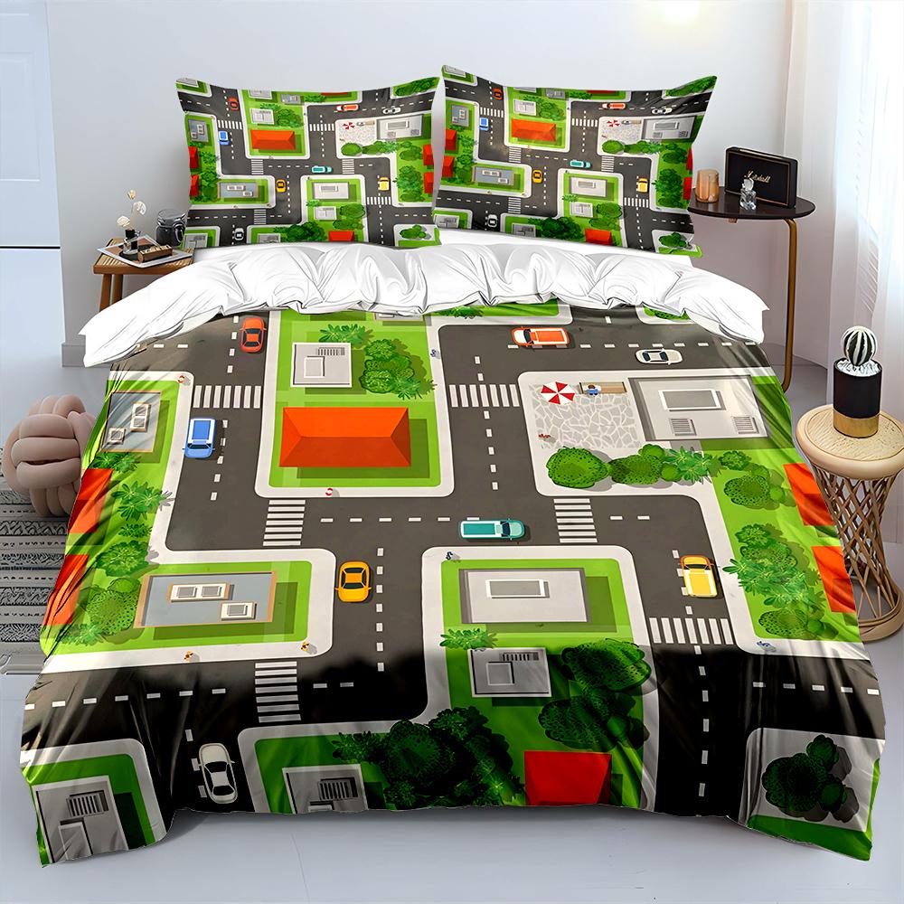 Cartoon City Road House Patterns Bedding Set For Kids Luxury Gift 3Pcs Digital Print Comforter Set Soft Comfortable Breathable