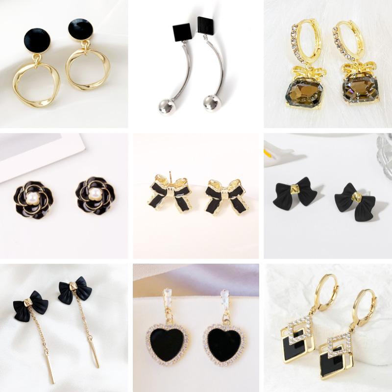 Black Dangle Earrings Crystal Square Pendants Women's Hanging Earrings Korean Bowknot Pearl Flower Earrings