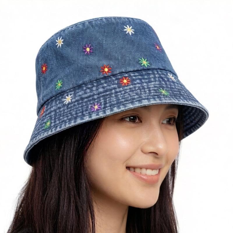 Stylish Jeans Flower Pattern Bucket Hat Extended Edge Shade Guard Unisex Warm Season Shore Hat for Various Occasion
