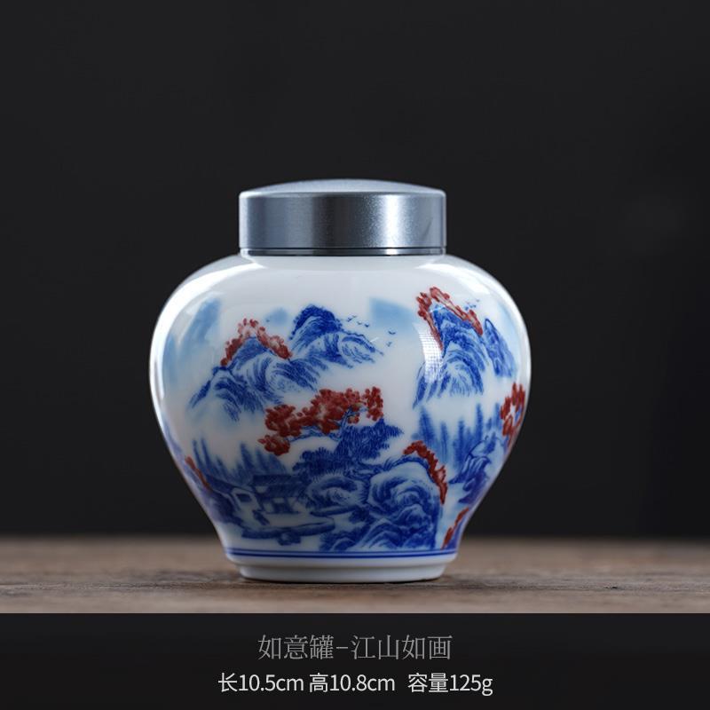Creative Blue and White Porcelain Alloy Sealed Tea Jar Plant Landscape Ceramic Jar Moisture-proof Food Decorative Jar Home Decor