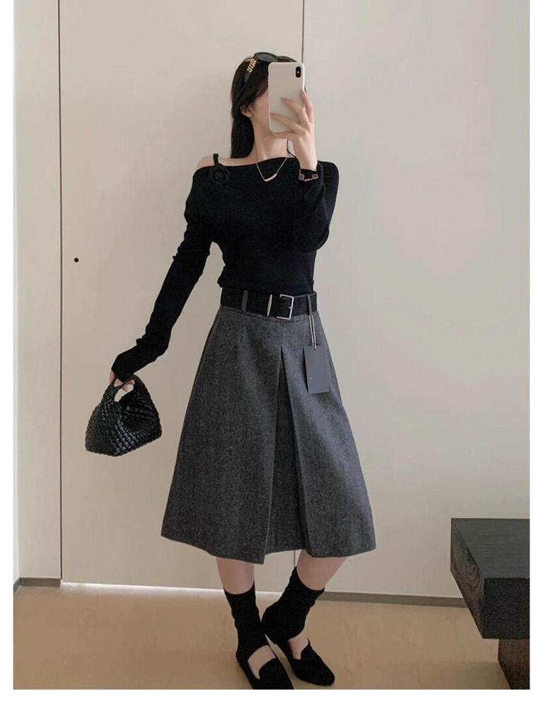 Grey Woolen Mid-Length Half Skirt for Women - High-End 2025 Autumn/Winter Collection