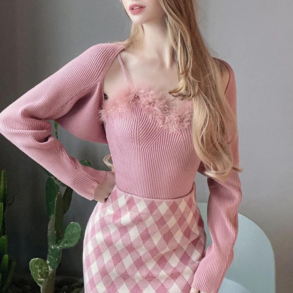 Two- Piece Sweaters Women Korean Fashion Long Sleeve Knitted Cardigan Woman + Fluff Camisole Sweet Camisole Female  C-036