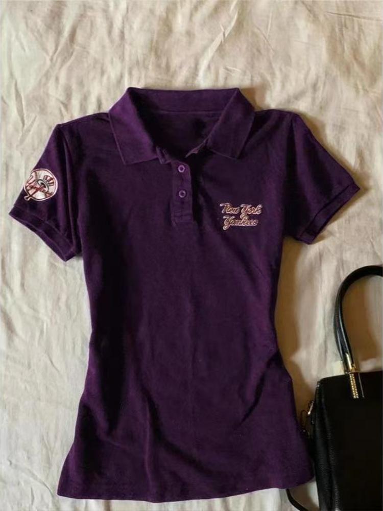 

Вишита футболка-поло з коротким рукавом і коміром-стійкою, жіночий літній дизайн, стиль гарячої дівчини, вінтажний, препі, короткі тонкі футболки, вбрання S фіолетовий