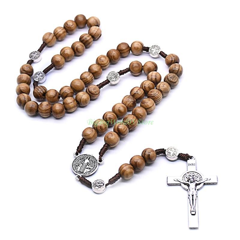 24TE Handmade Round Bead Rosary Necklace Men for Cross Jesus Pendant Catholic Religio