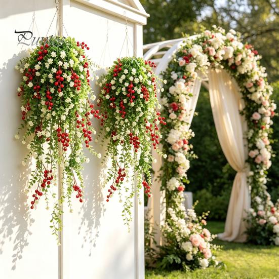 Realistic Fabric Leaves for Crafting Artificial Hanging Vines with Red Berries, Plastic Cascading Greenery Plants, Decorative Faux Wreath Draping