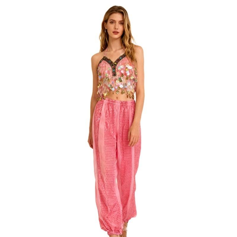 2Pcs Belly Dance Costume Set Women Belly Dance Outfit Sequins Bra Top Harems Pants Halloween Stage Performances Costume