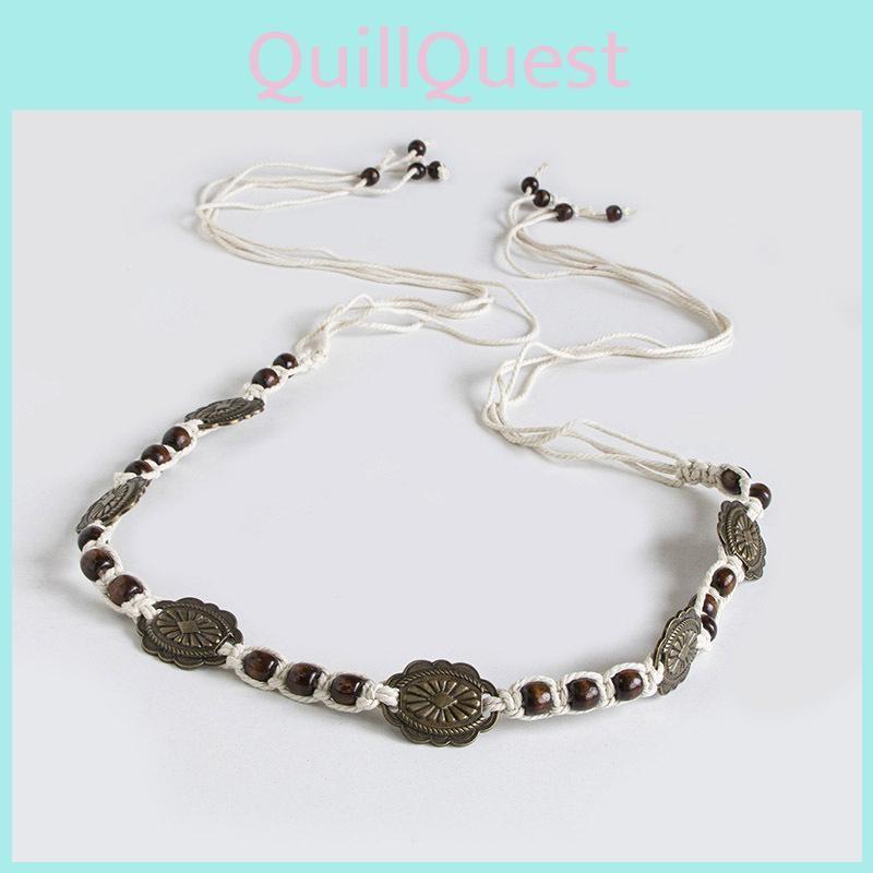 Metal Bohemian Style And Wooden Bead Decor Women Casual Woven Belt Daily For