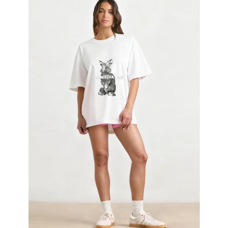 Oversized T-Shirt Black Rabbit Print With Lab Media Lab Text Casual Streetwear For Women