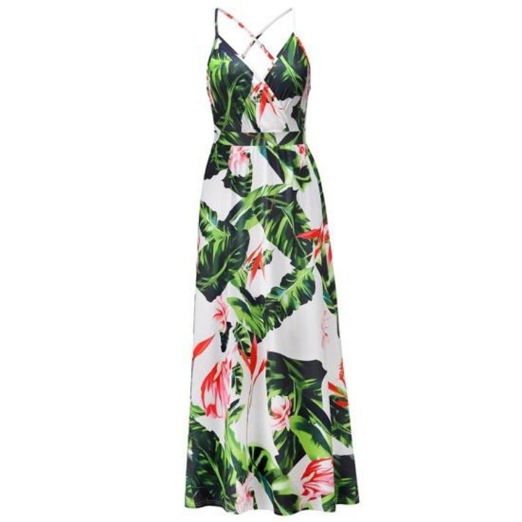 Summer Vacation Boho Tropical Beach Dress Women Sleeveless Maxi Spaghetti Strap V Neck Long A-Line Dress S белый