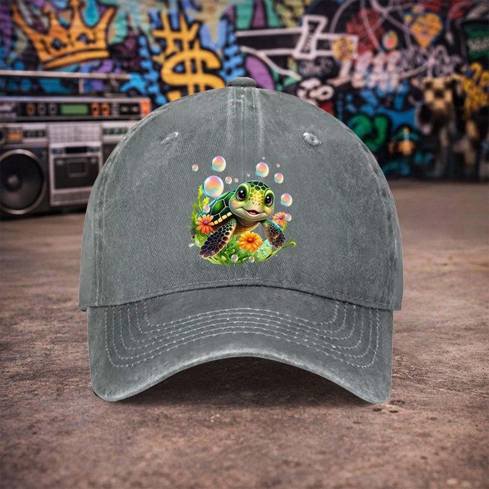 pc Unisex Cute Sea Turtle and Flower Vintage Washed Baseball Cap Unisexs Trendy Hat Versatile Duckbill Cap Fun Print A Un