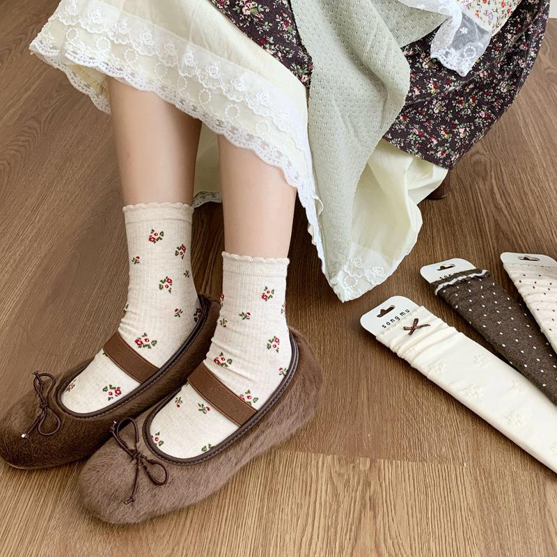 Songmu Retro Mid-Calf Oatmeal Bow Socks - Sweet, Versatile, Slouch Style for Women