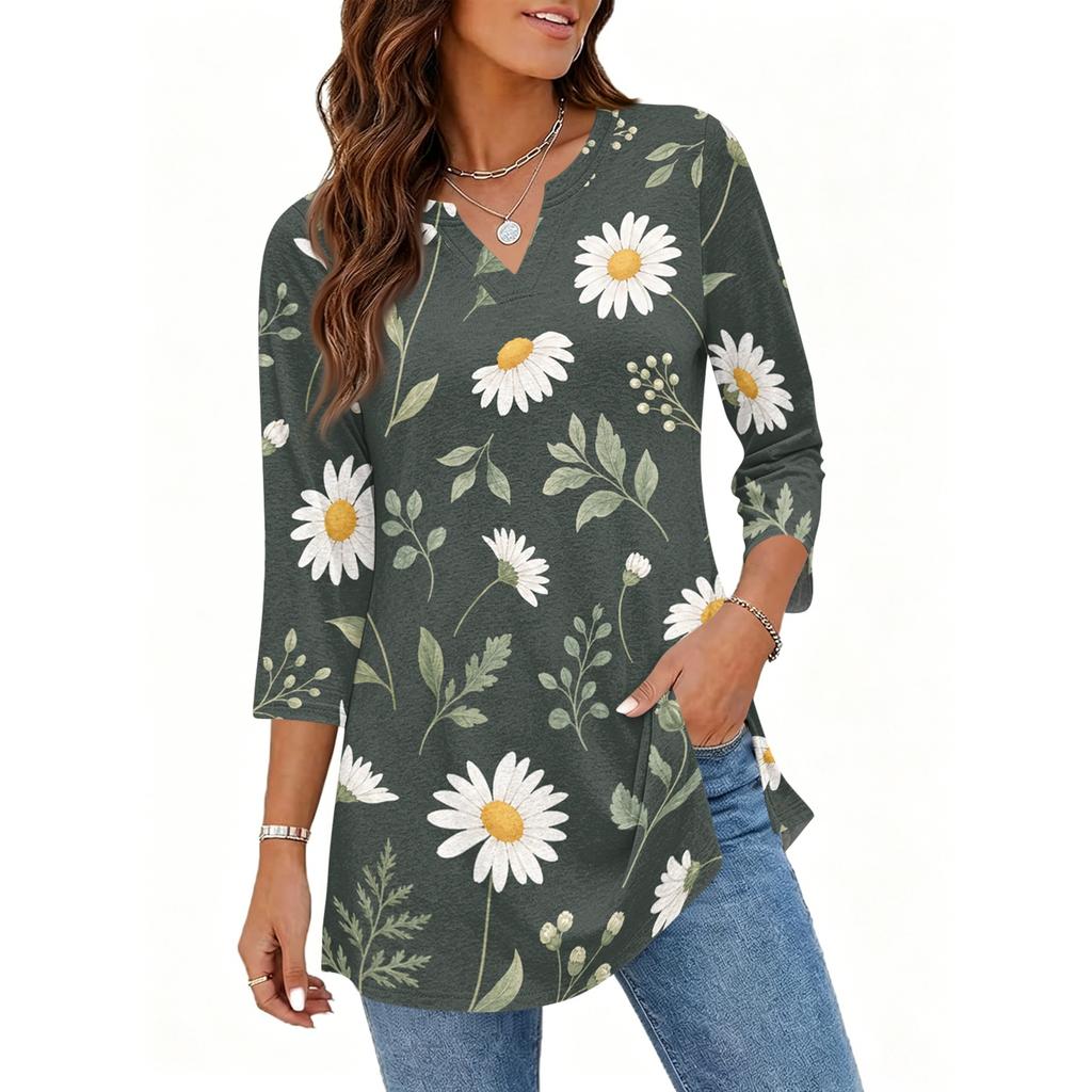 Womens Casual V Neck 3/4 Sleeve Pullover Tunic Top Floral Print Mid Length Blouse Lightweight Comfortable Fit