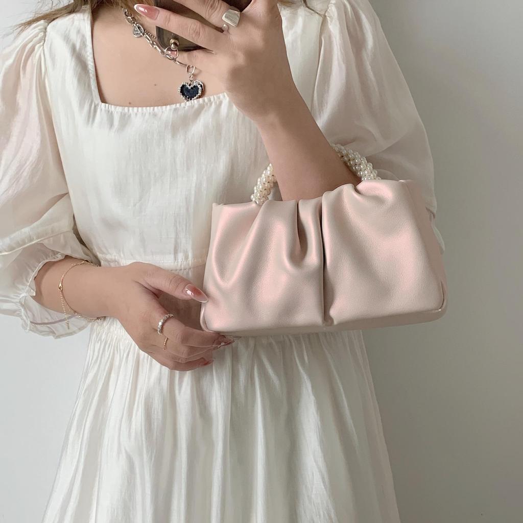 Zoete Dames Tas Parel Handtas Damesmode Veelzijdige Geplooide Messenger Wolk Tas Parelmoer Mini Mobiele Telefoontas