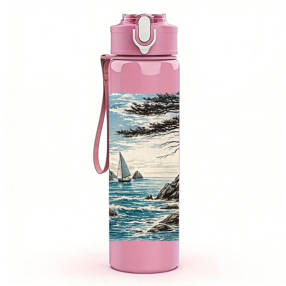 1PC Pine Tree Cliff Ocean Bay Landscape Print 750ml Color Plastic Sports Water Bottle Leakproof Flip Straw Lid Suitable for Sports Office Home Use