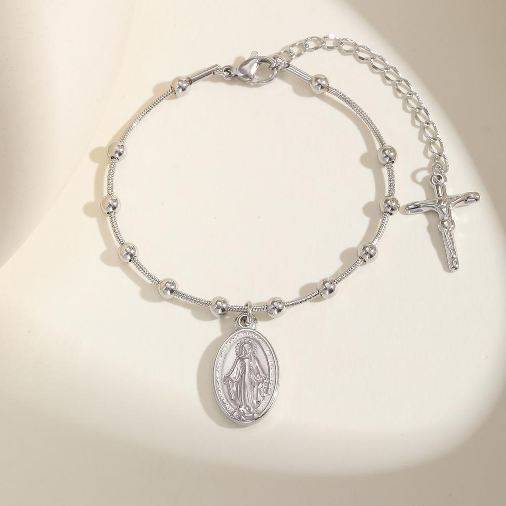 Holy Rosary Cross Beaded Bracelets for Women, Snake Chain Vintage Minimalist Charm Bracelets, Stainless Steel Jewelry Gifts
