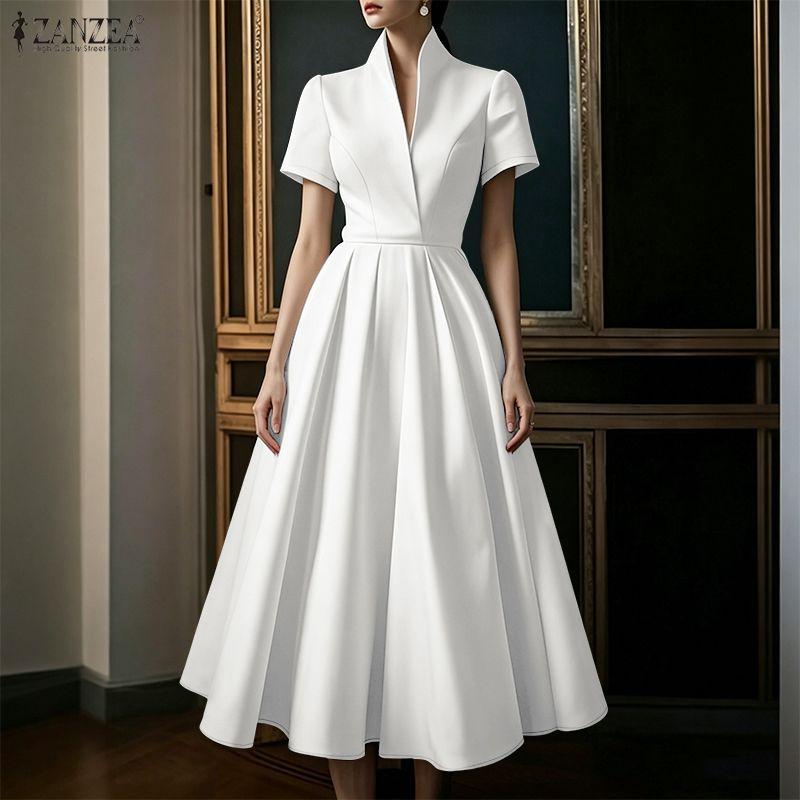ZANZEA Abito Lungo Elegante da Donna Casual con Scollo a V a Maniche Corte e Linea ad A