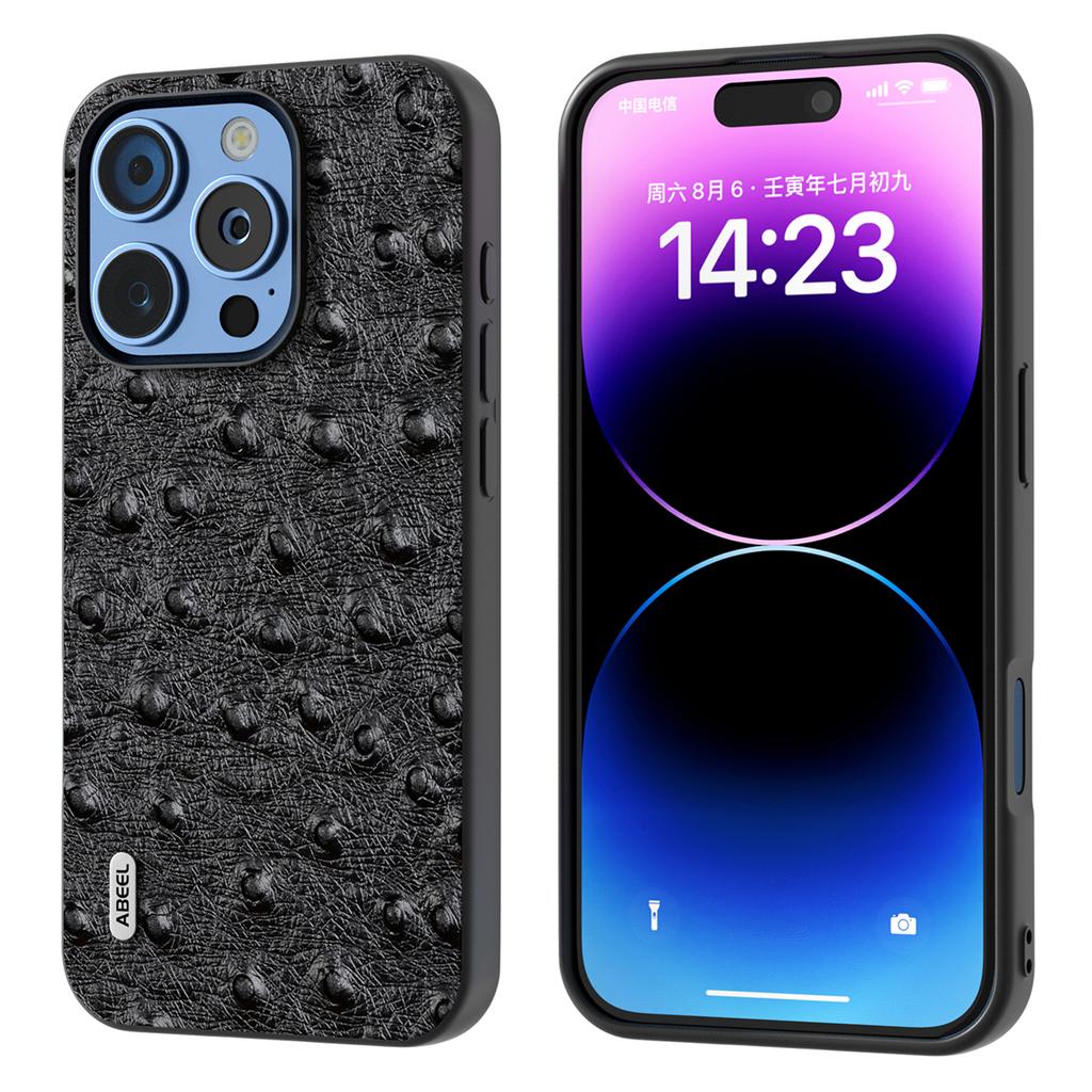 ABEEL For iPhone 16 Pro Case Ostrich Texture Genuine Cow Leather Back Phone Cover