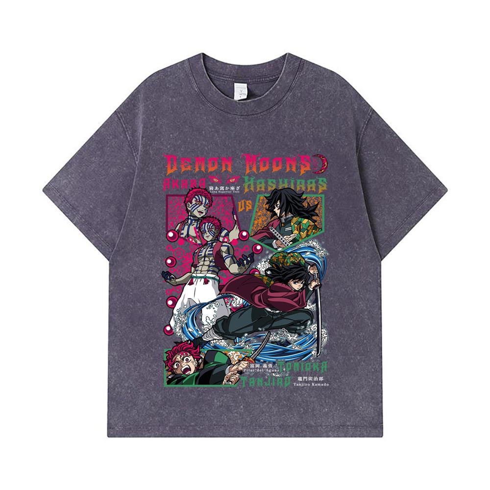 275 GSM Washed T-shirts 100% Cotton Demon Slayer V91 Akaza x Tomioka Print Unisex Heavy Cotton T Shirt