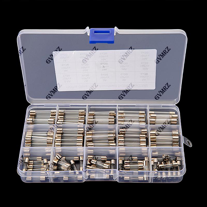 150PCS 0.25A-30A 15value 0.25A 0.5A 1A 2A 3A 5x20mm 6x30mm Glass Fuse Assorted Kit Box 5A 8A 10A 15A 20A 30A