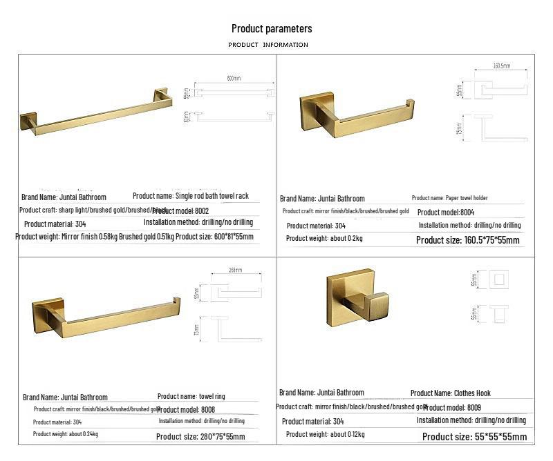 304 Stainless Steel Bathroom Set: Square Rack, Coat Hook, Toilet Paper Holder, and Brush