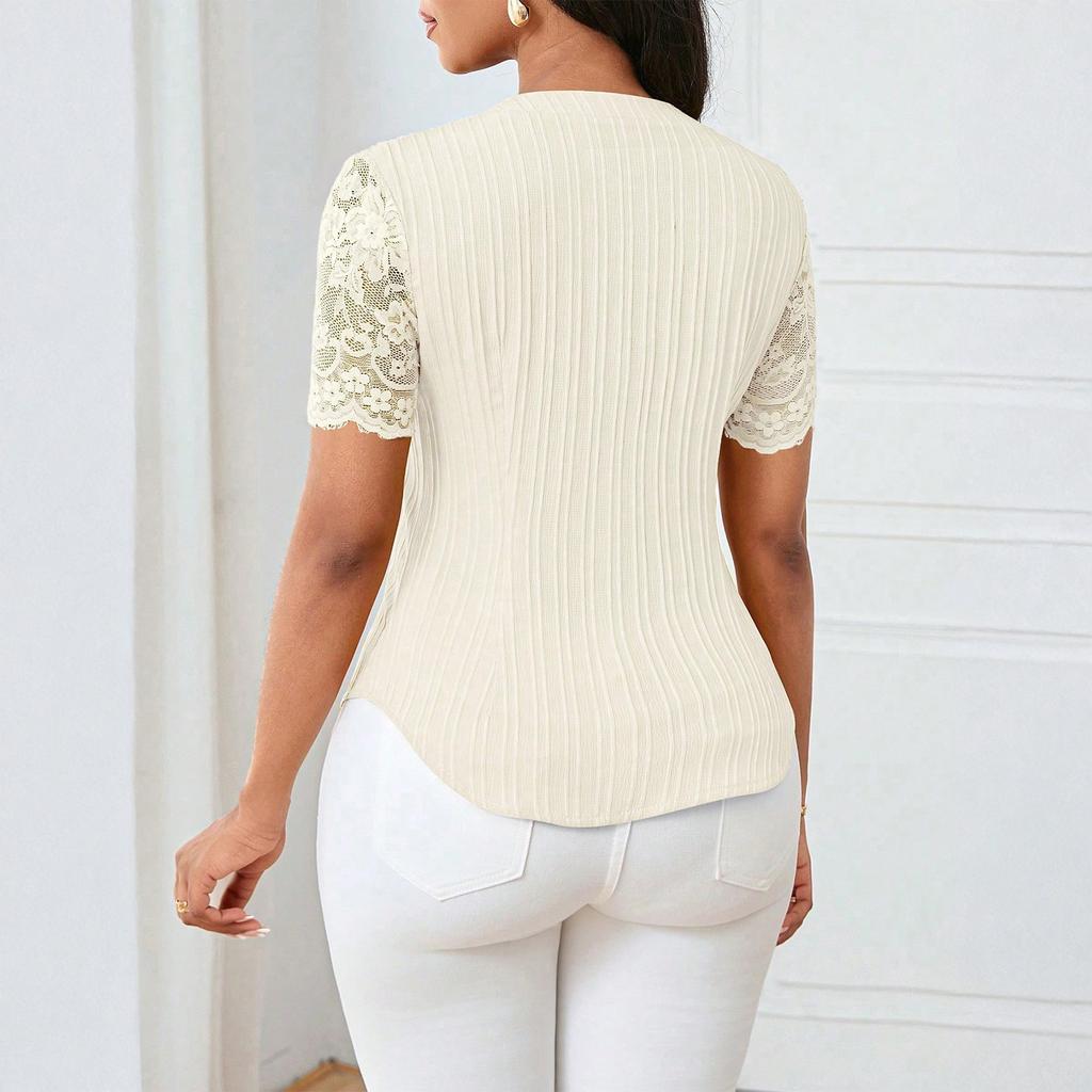 Women's Fashionable Versatile Single Breasted Color Slim Fit Embroidered Hollow Short Sleeved Top