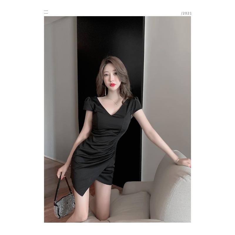 Sexy solid color dress waist and thin hem split hip skirt deep neck bar skirt Spice girls dress women