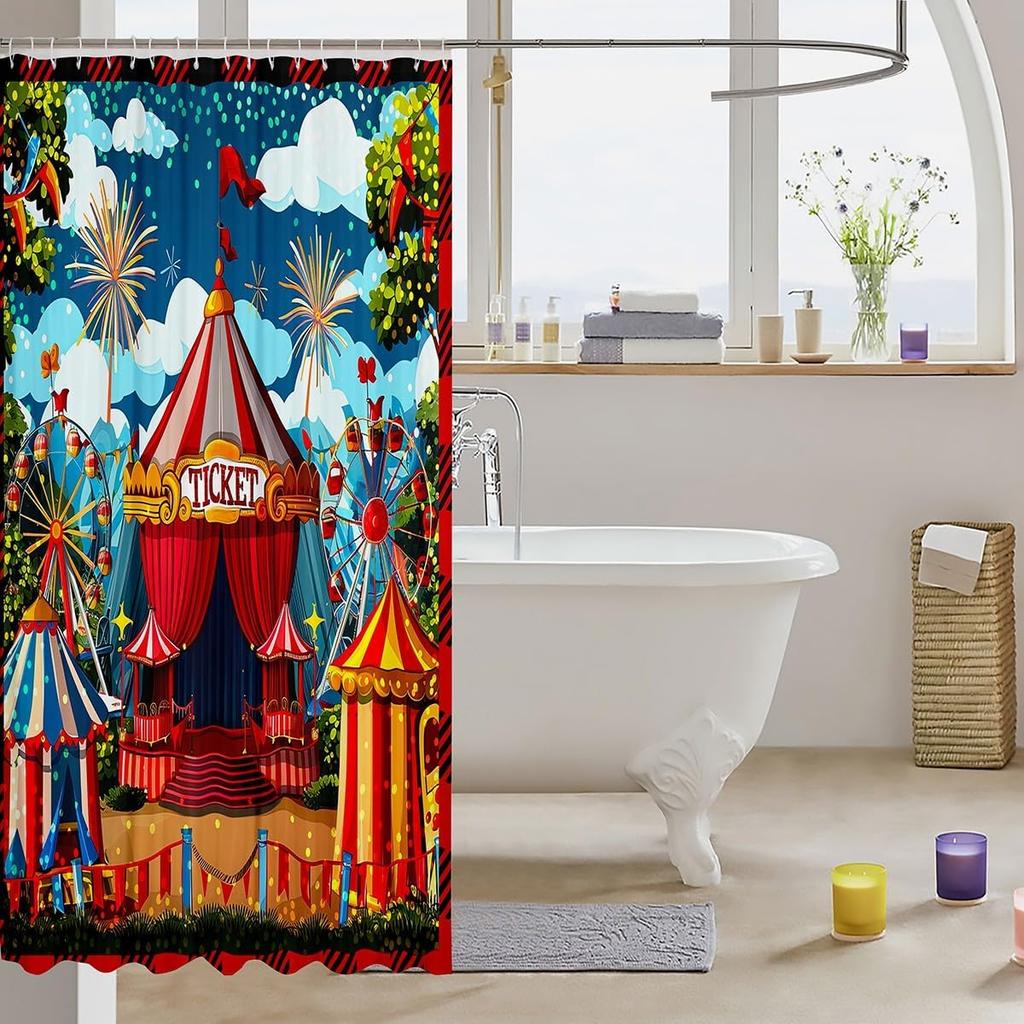 Cartoon Circus Bathroom Curtains Happy Holiday Shower Curtain Sets for Kids Boys Girls Funny Ferris Wheel Shower Curtain Funny