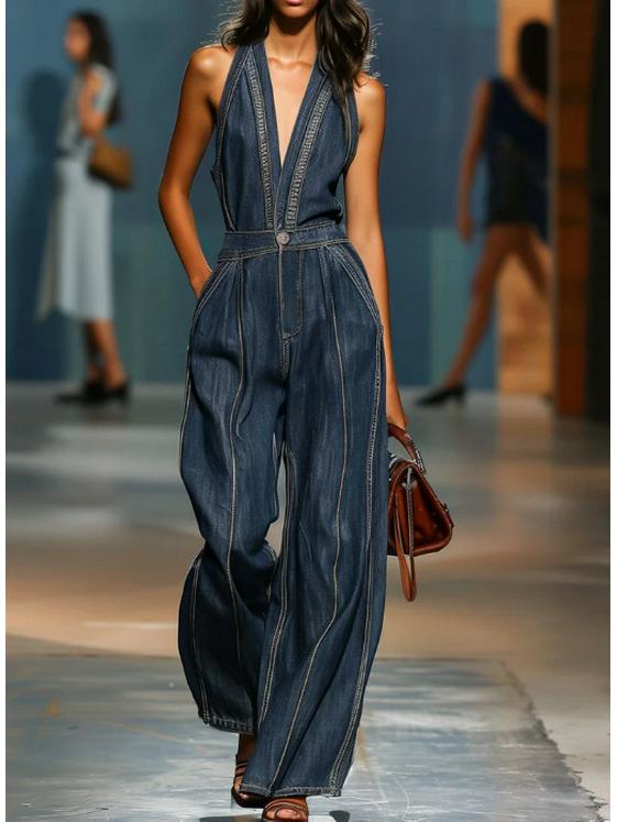 2026 Retro V-Neck Sleeveless Wide-Leg Denim Jumpsuit 2XL