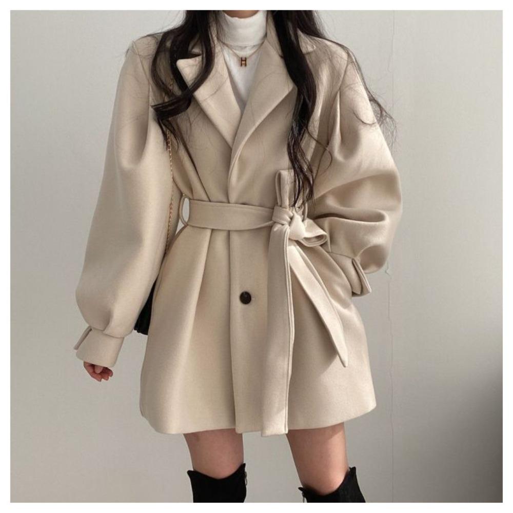 Turndown Collar Trench Women Coat Windbreaker Fitted Clothes Femme Loose Cloak Woolen Single-breasted Coat Outwear