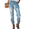 Women's Ripped Jeans Drawstring Elastic Waist Washed Casual Pants Denim Trousers