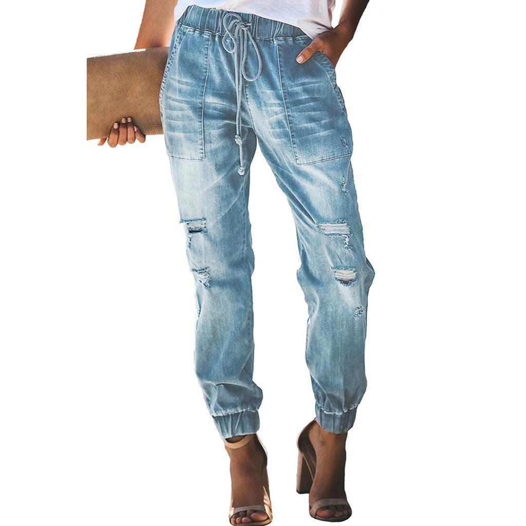 Women's Ripped Jeans Drawstring Elastic Waist Washed Casual Pants Denim Trousers
