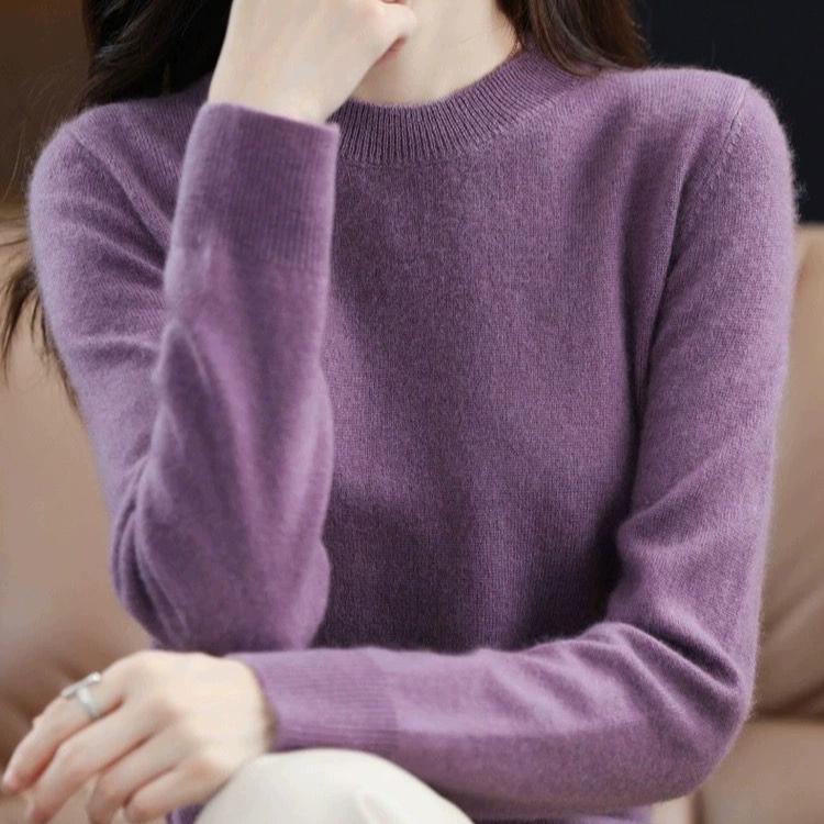 

Круглый вырез Вязаный свитер Женский однотонный базовый свитер Свободный джемпер Внутренний слой Трикотажный верх Универсальный пуловер Повседневный свитер Осень Зима L фиолетовый
