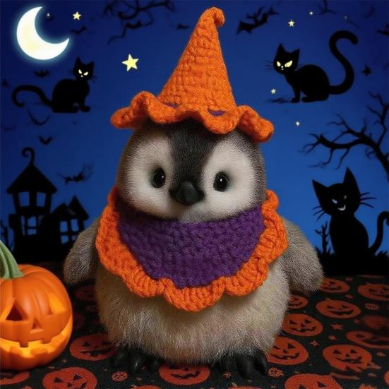 Halloween Penguin Doll 10" Penguin Plush Doll Toy with Knitted Witch Hat Small Stuffed Animal Desktop Decoration Gifts for Kids Boys Girls