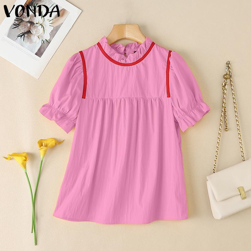 

VONDA Summer Women Ruffled Stand Neck Puff Short Sleeves Casual Loose Tops Blouse 4XL розовый