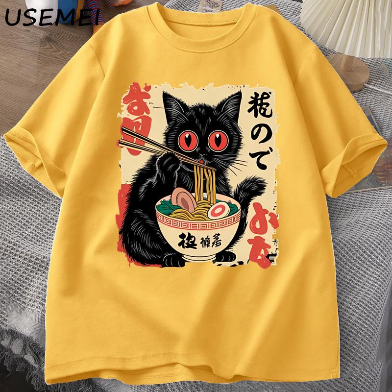 Vintage Japanese Black Cat RaUnisex T Shirts Cute Graphic Tee Funny Cat Eating RaUnisex TShirt Printing Cotton Short Sleeve Vintage
