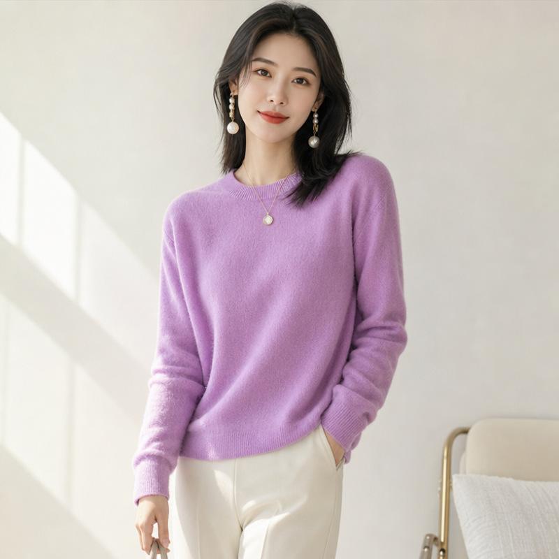 Women Crew Neck Solid Color Knit Sweater Long Sleeve Loose Fit Casual Ladies All Match Autumn Winter Basic Pullover