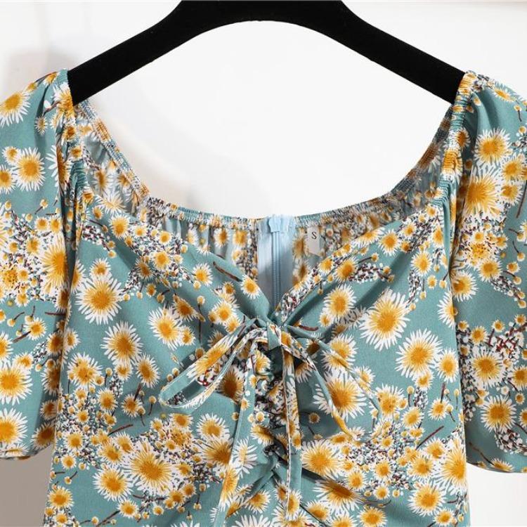 Korean Style Elegant Floral Printed Women Mini Dress Bohemian Pleated Puffy Sleeve Sexy Summer Vestidos Shirring Female Short Dress