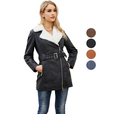 Damen-Plüschjacken, Kunstleder, PU, ​​Revers, Reißverschluss, mittellang, warmer Mantel mit Gürtel, lange Ärmel, Herbst-Winter-Oberbekleidung, Bomber-Moto-Biker-Outfits
