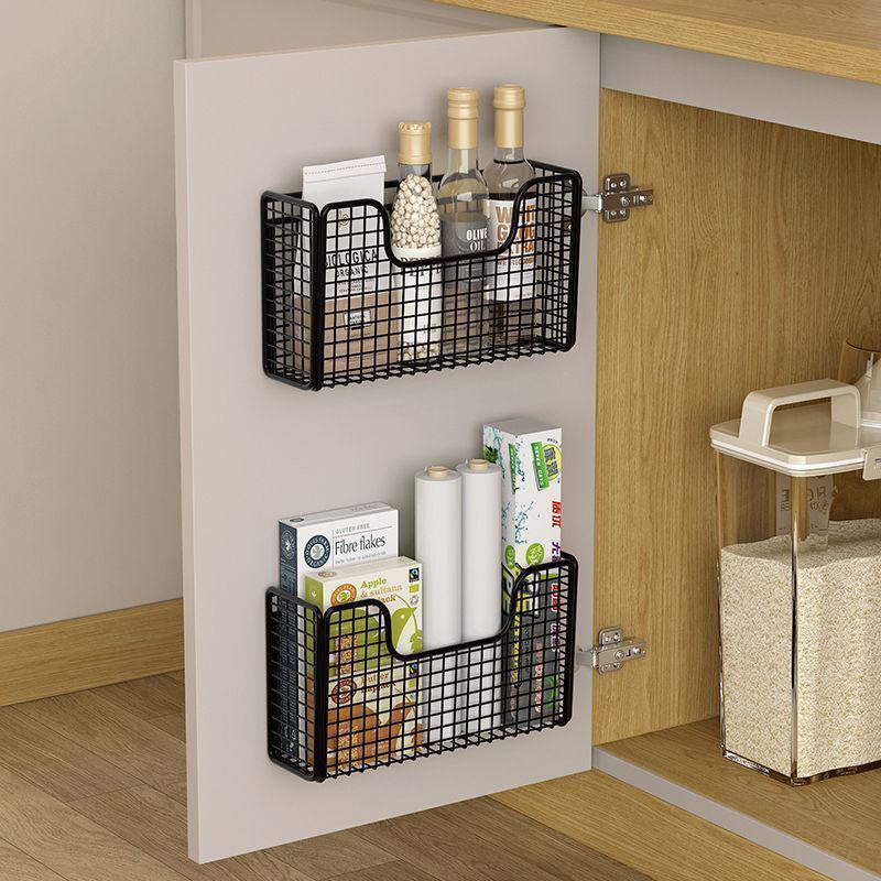 1Pc Iron Storage Rack With 2 Patch Hooks Punch-free Kitchen Cabinet Door Inner Wall-mounted Shelf Storage Box