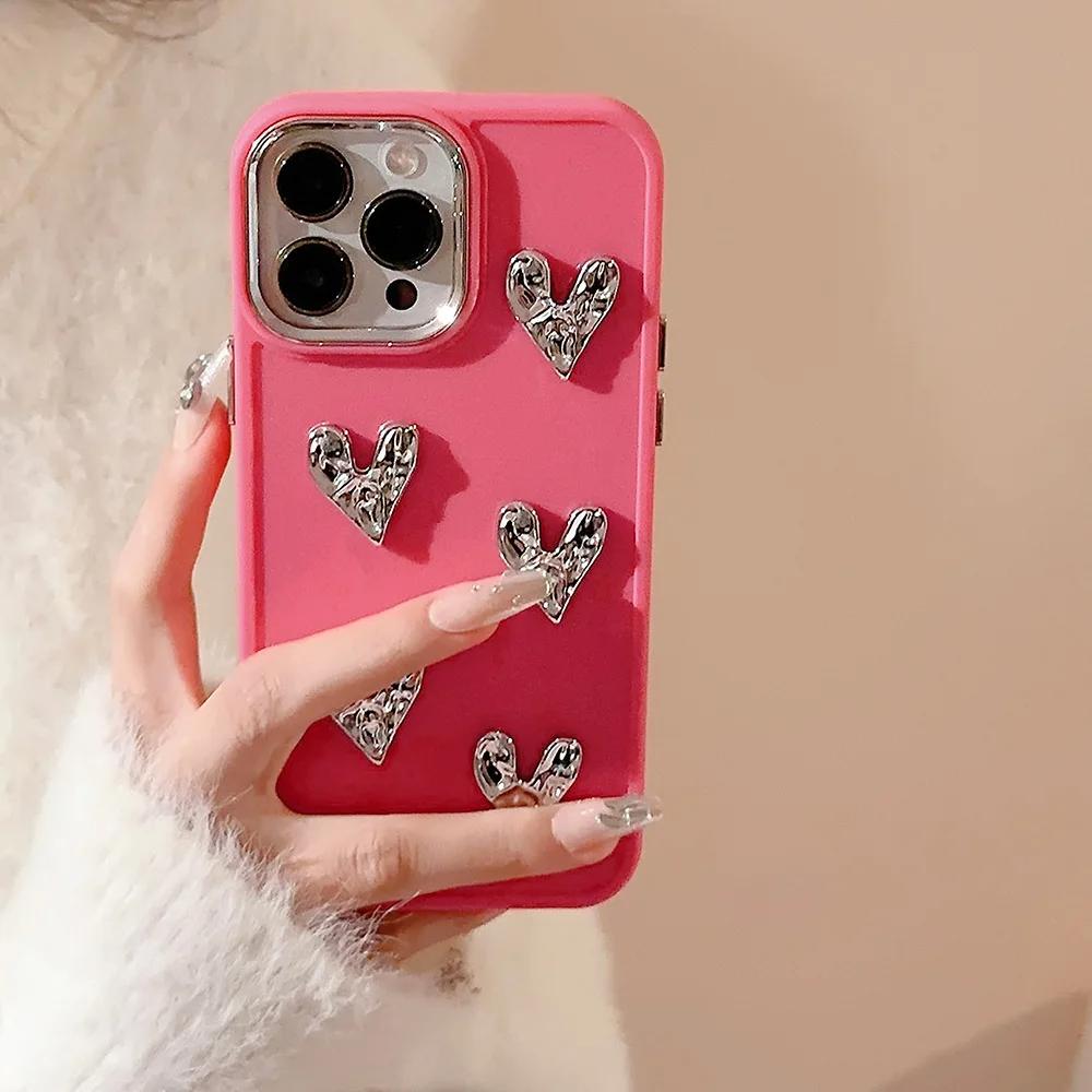 Luxury Plating Wrinkle Love Heart Phone Case For iPhone 16 15 14 13 12 11 Pro Max X XS XR 8 7 Plus SE 2026 Bumper Silicone Cover