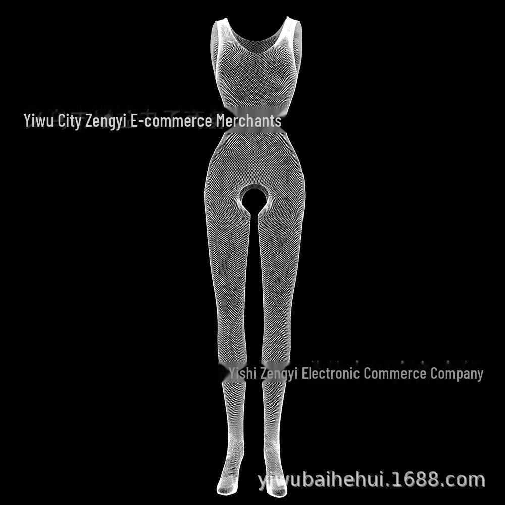 Black Silk Milk-Leak Stockings: Transparent Hollow Pajamas with Suspenders, Open Crotch Design W253.