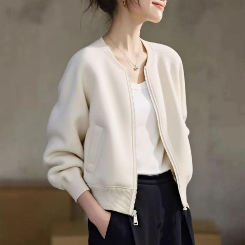 Women S Beige Short Flight Jacket Loose Fit Baseball Coat