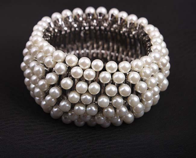 Exaggerated Pearl Metal Elastic Wide Bracelet Bracelet Female Big Brand Accessories
