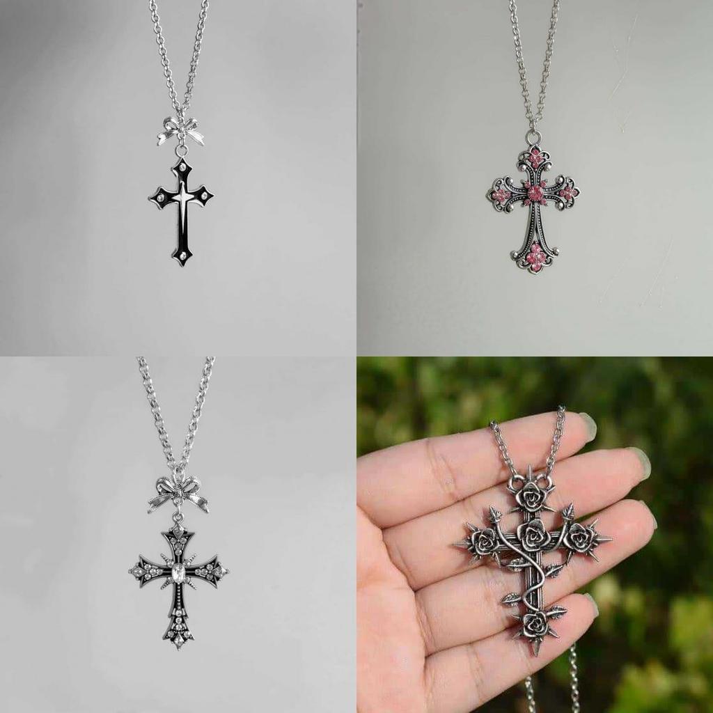 Gothic Cross Pendant Necklace With Dark Rose Design For Men And Women
