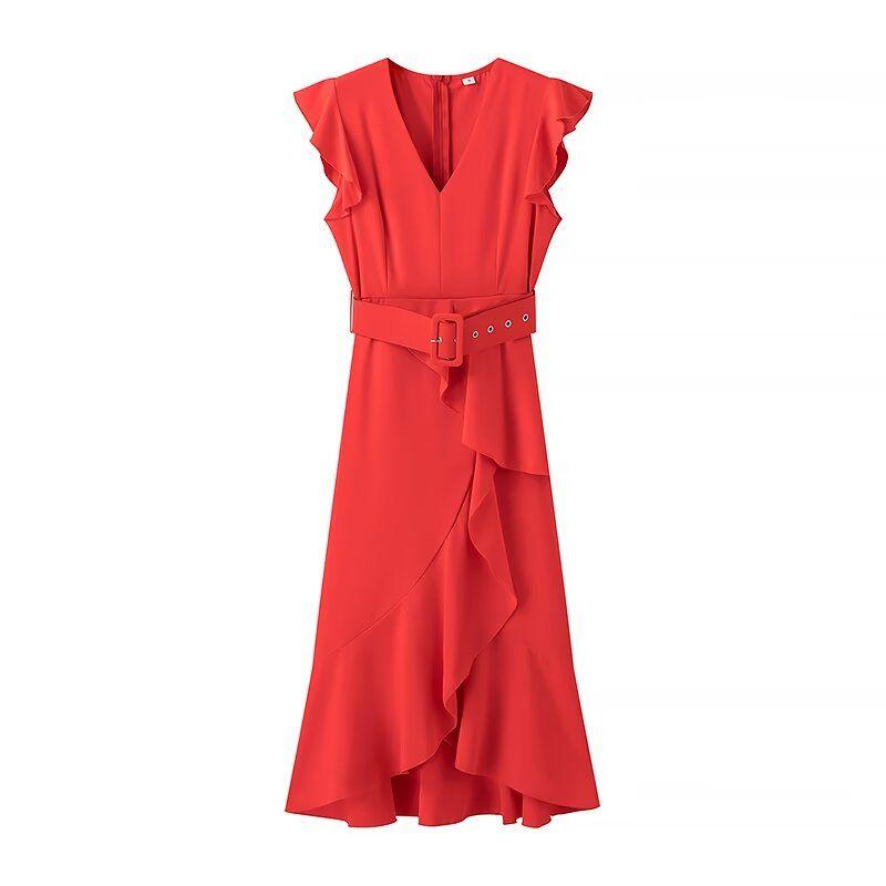 

Kaslead New Arrival Women s Clothing Fashion Style Fashion Minimalist with Belt Ruffles Long Dress Red L