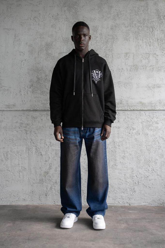Men's Oversize Zip-Up Hoodie with Embroidery - Black