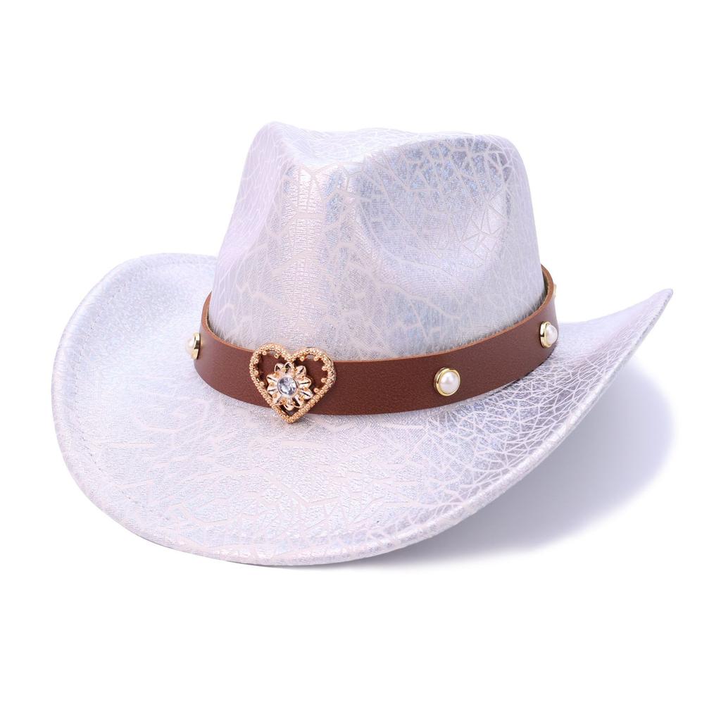 European And American Bright Cracked Western Cowboy Hat Metal Belt Decorative Hat Women'S British Retro Jazz Top Hat