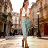 Pantaloni Corti da Donna a Righe Verticali Vita Alta Gamba Larga con Chiusura a Bottone e Tasche Laterali per l'Uso Quotidiano